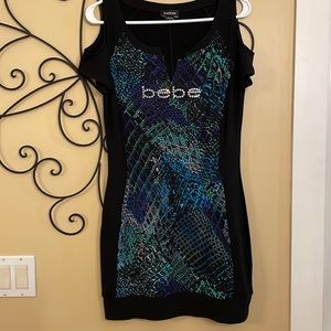NWOT Bebe Cold Shoulder Shirt Sleeve Black Knit Dress - Size S